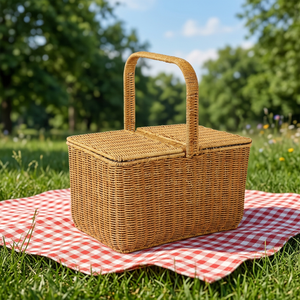 Panier de pique-nique en rotin rectangulaire avec poignée, fait main - Product Image 4