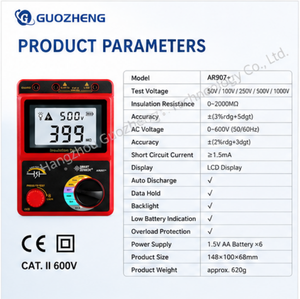 Megóhmetro Profesional con Sensor Inteligente AR907+, Probador de Resistencia de Aislamiento de 1000V 2Gohm con Prueba de Voltaje CA de 600V - Product Image 2