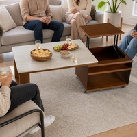 Mesa de Centro com Altura Ajustável, Estrutura em Madeira Maciça de Buxo com Acabamento em Grão de Madeira, Tampo com Aparência de Pedra, Rodas Móveis, Gaveta, para Casa e Escritório, Atacado