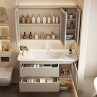 Armoire de salle de bain intelligente intégrée avec miroir de bain en céramique style crème de style arc Combo-Lavabo de rangement pour toilettes