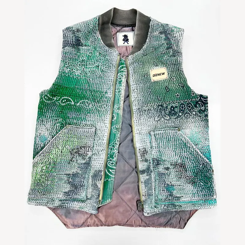 DiZNEW OEM Gilet épais et élégant vert d'automne personnalisé pour hommes de grande taille Veste à fermeture éclair imprimée sans manches Tendance de rue