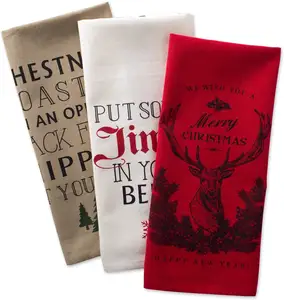 超大套3件圣诞装饰牡鹿红色数码印花100% 棉厨房布餐巾茶巾