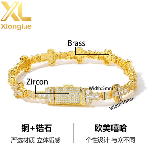 10MM Cross Flower Chain Bracelet <b>Copper</b> Alloy 18K Gold Plated Micro Pave CZ Claw Setting Iced Hop Fashion Jewelry Gift Unisex - Product Image 3