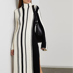 Produttori di Maglieria: Abito <span class=keywords><strong>in</strong></span> <span class=keywords><strong>Maglia</strong></span> a Collo Alto con Maniche Lunghe e Spacco Laterale, Design a Righe Contrastanti, <span class=keywords><strong>Vestito</strong></span> Midi Casual da Donna - Product Image 6