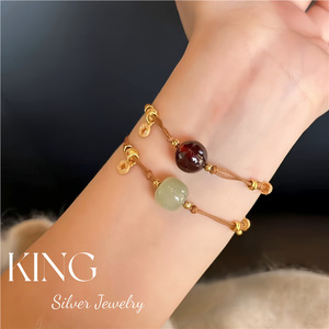 S925 Silver Plated <b>Gold</b> Jade <b>Bracelet</b> With Garnet And Hetian Jade Retro Style For Everyday Wear - Product Image 5