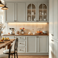 Armoires de cuisine sur mesure directement de l'usine, design Shaker gris clair avec façades en verre cannelé et comptoir en bois pour la cuisine à domicile