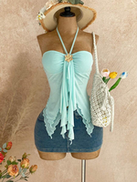 Atasan Rajut Formal Wanita Warna Hijau Mint Model Halter Asimetris Y2K untuk Pesta, Grosir dan Custom