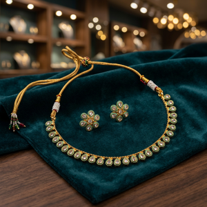 Indian Traditional Kundan Meenakari Copper Base Necklace <b>Set</b> Gold Plated Green Enamel Teardrop Choker with Floral Stud Earrings - Product Image 2