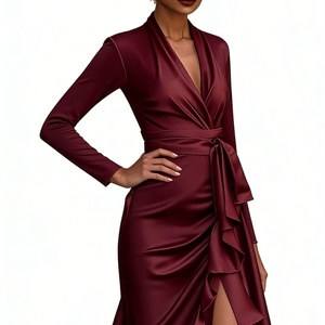 เดรสแฟชั่นผู้หญิงคอวีทรงเข้ารูปช่วงเอวแต่งระบายผ่าข้างสำหรับฤดูใบไม้ร่วง - Product Image 3