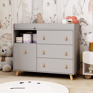 Table à langer grise à 3 tiroirs avec étagère, garde-corps et grand rangement, poubelle dissimulée, idéale pour la chambre de bébé – Vente directe usine - Product Image 2