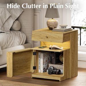 Tiered Oak Nightstand with Hidden Drawer Charging Station and LED Light, Multi-Layer <b>Storage</b> Side <b>End</b> <b>Table</b> for Small Bedrooms - Product Image 2