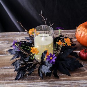 Ghirlanda per Candele di Halloween a Prezzo di Fabbrica con Foglie d'Acero Nere, Fiori Arancioni <span class=keywords><strong>e</strong></span> <span class=keywords><strong>Viola</strong></span> <span class=keywords><strong>e</strong></span> Rami per Centrotavola Spaventoso - Product Image 2