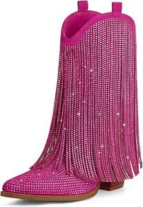 <span class=keywords><strong>Stivali</strong></span> da <span class=keywords><strong>Cowboy</strong></span> Alti da <span class=keywords><strong>Donna</strong></span>, Stile Western con Strass e Nappe, Chiusura a Zip, Tomaia in Microfibra, Tacco Grosso 7,5 cm, Punta Affusolata - Product Image 2