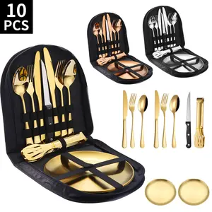 Wholesale Price Portable 10pcs Stainless Steel Flatware Set Travel Camping Utensils Cutlery Set with Bag
