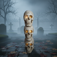 KW Halloween Gestapelte Totenkopf-Statue mit LED-Blinklichtern, AA-Batteriebetrieben, Wasserdicht, Langlebig, aus Kunstharz, Tragbar, Hochwertige Dekoration