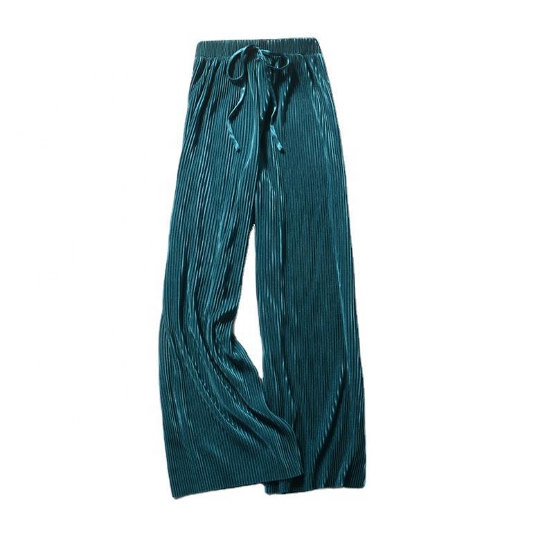 High waist ice silk women's pants elastic band ladies pleated wide leg long pants