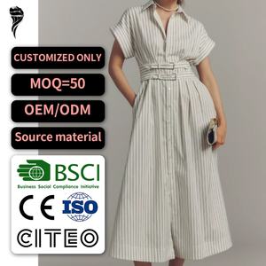 ชุดเดรสเชิ้ตแบบลำลองพร้อมเอวยางยืด ผ้าทอระบายอากาศได้ดี ชุดเดรสเชิ้ตแบบกระดุมคู่ - Product Image 1