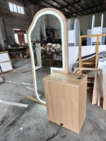 Miroir de coiffure en bois avec armoire, double face, LED, texture cannelée, pour salon, avec rangement