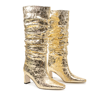 Wide Fit Women's Piled Pleated Upper Knee High Boots Chunky High Heels Stone Prints Shoes Big Size 45 on Long <b>Booties</b> - Product Image 5