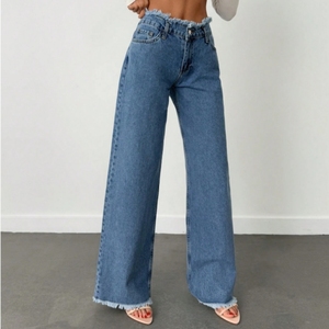 <span class=keywords><strong>Taille</strong></span> haute 100% coton Simple Denim Jeans pour femmes grandes poche avant frange garniture décontracté Fit Jeans Non extensible Pantalon - Product Image 4