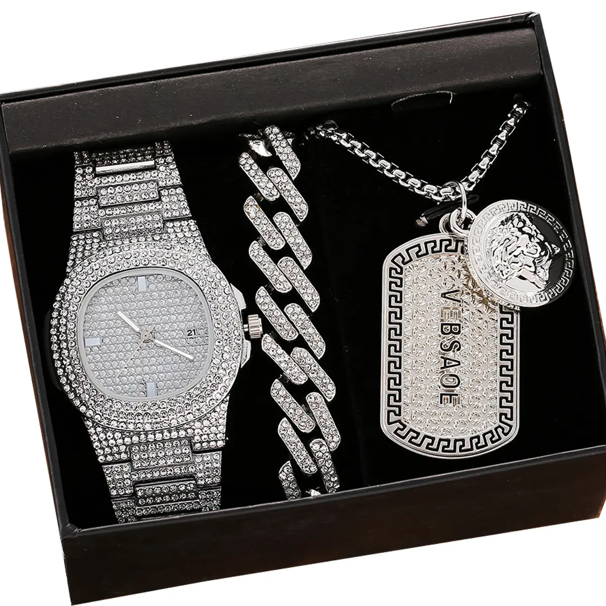 Hip-hop diamonds steel band bling quartz watch with necklace bracelet set 3pcs/set box lady best christmas gift