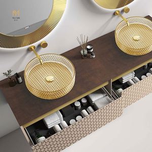 Meuble de salle de bain double vasque à prix d'usine, miroir LED, dessus en marbre, panneau en mélamine en acier inoxydable, motif carré, porte laquée, usage domestique - Product Image 5