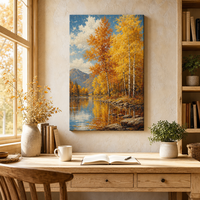 Affiche sur toile abstraite automne forêt de bouleaux rivière, art mural paysage de montagne en automne avec reflets, taille personnalisable, prête à accrocher