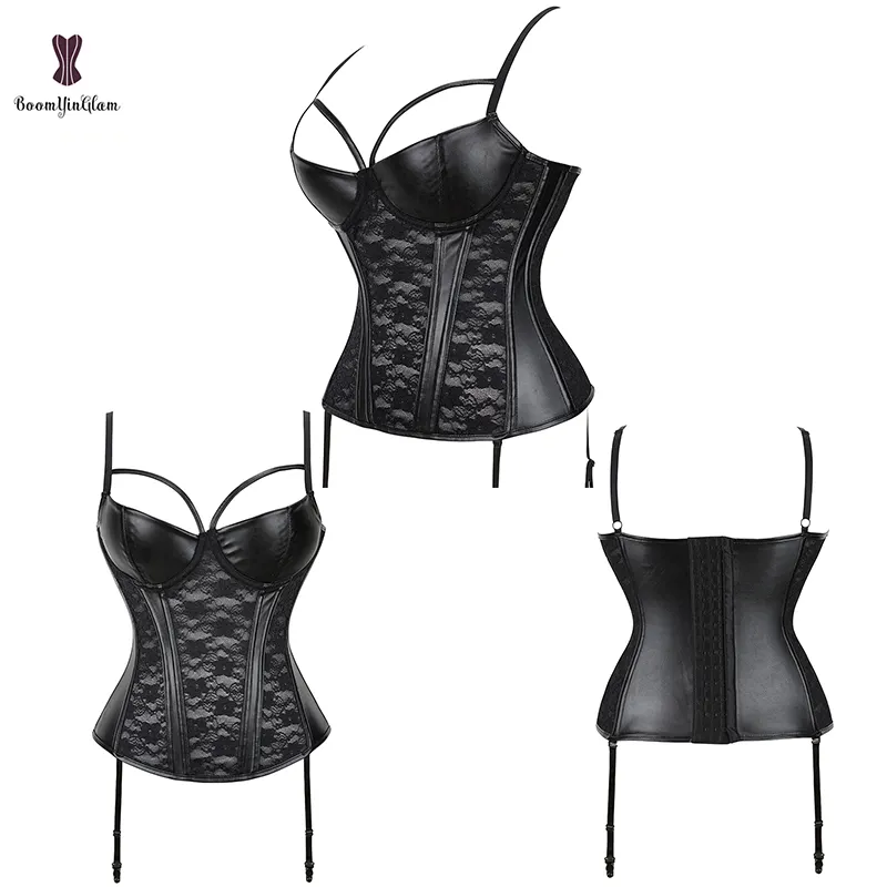 Plus Size Afneembare Riem Bloemen Kant Korset Vrouwen Patchwork Corset Lederen Bh Lingerie Met Jarretel Riem