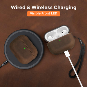 Étui rétro en cuir véritable Crazy Horse pour <span class=keywords><strong>AirPods</strong></span> Pro 2, LED frontale visible, charge <span class=keywords><strong>filaire</strong></span> et sans fil [sans écouteurs] - Product Image 4