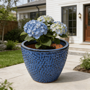 Ensemble de pots à fleurs en céramique émaillée écologiques bleu cobalt avec motif d'épi de blé en relief, jardinières intérieures/extérieures avec trou de drainage pour la décoration de jardin - Product Image 1