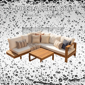 4-Piece Modern Solid Acacia Wood Garden Outdoor Patio <b>Sofa</b> Set with Coffee Table Waterproof Fabric Cushions in Beige - Product Image 2
