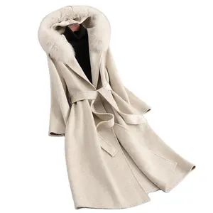 Модное 2023 осенне-зимнее длинное шерстяное пальто с капюшоном Женская 100% шерстяная куртка с воротником из лисьего меха парка JT3416