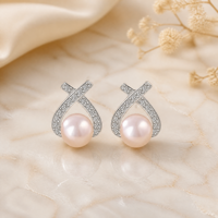 Anting-anting Mutiara dan Zirkon Perak Sterling 925 Bentuk Wishbone X Perhiasan Fashion Wanita Sehari-hari