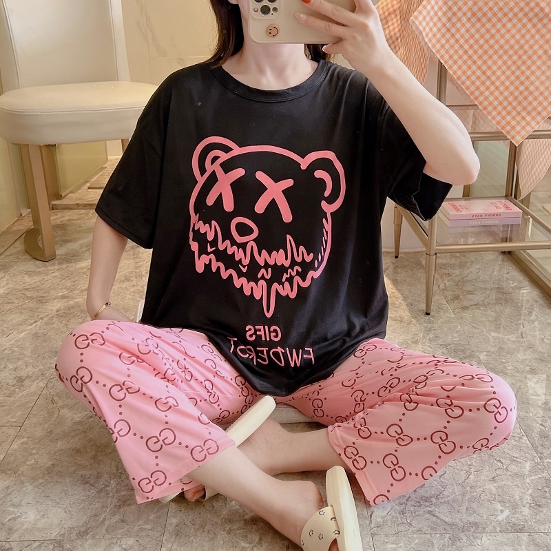 Wholesale Cute Print Pajamas Suit Women's Short Sleeve Top And Trousers Pajamas Cool Soft Milk Cartoon Cute Women's Sleepwear