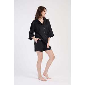 Women's Oxford Shirt and Pocketed Shorts Set with Full <b>Button</b> Collar and 7/8 Sleeve - Product Image 3