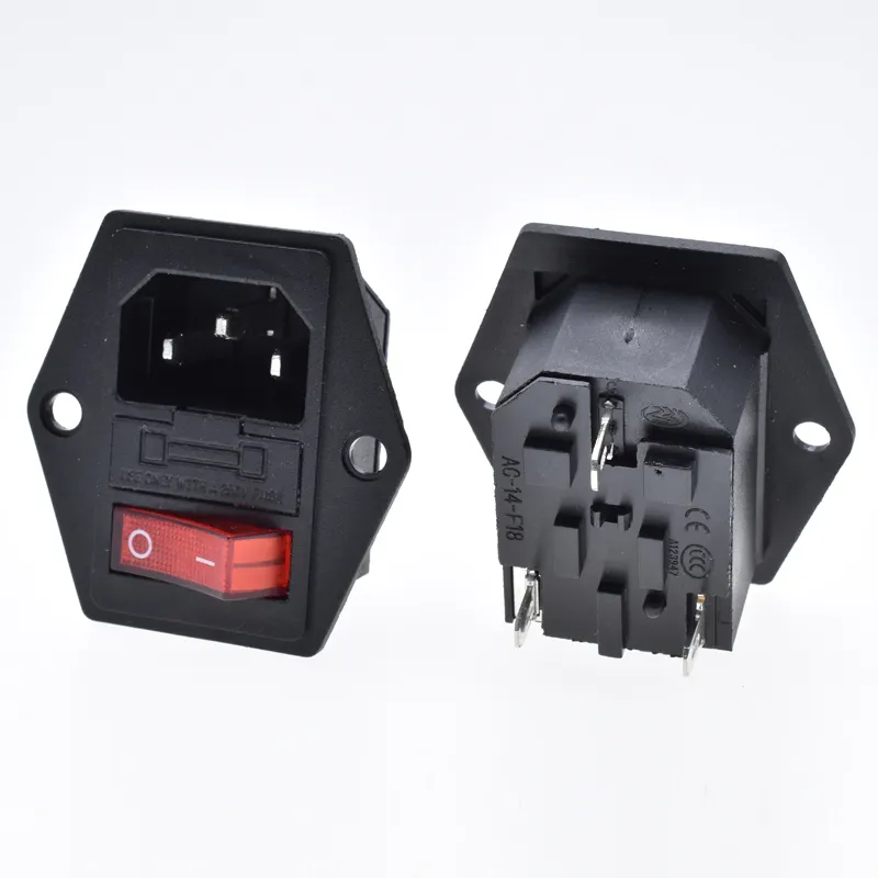 AC250V 10A C14 power socket with fuse 13A rocker switch red indicate light 3 pin male industrial connector