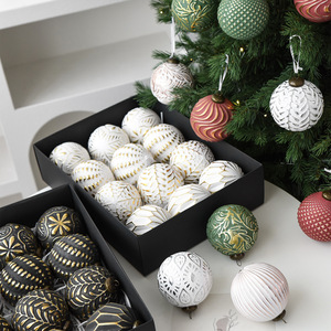 12pcs Boxed <b>Vintage</b> Embossed <b>Christmas</b> <b>Bauble</b> Set 8cm Matte Plastic Xmas Tree Hanging Ball Ornament - Product Image 2