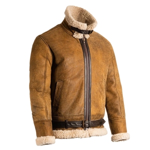 Chaqueta de Cuero Estilo Bomber B-3 para Hombre, Color Marrón, con Forro de Borrego, Chaqueta de Aviador Vintage, Cuello de Piel, Cierre de Cremallera Frontal, Acanalado - Product Image 4