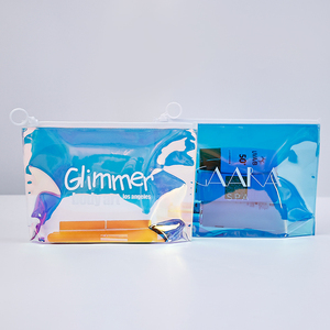 Étui zippé en plastique <span class=keywords><strong>bleu</strong></span> laser brillant avec languette de traction pour produits de soin solaire, emballage en vrac pour le marché nord-américain - Product Image 1