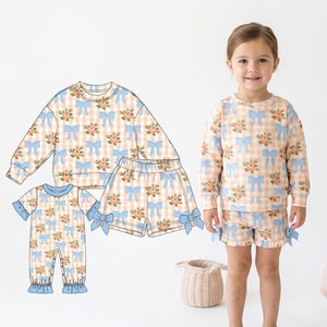 Ensemble haut à volants bleu citrouille et pantalon à volants à carreaux pour bébés filles, tenues à manches longues - Product Image 4