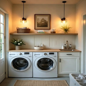 Ensemble <span class=keywords><strong>de</strong></span> meubles <span class=keywords><strong>de</strong></span> buanderie en bois encastrés <span class=keywords><strong>de</strong></span> luxe |   Meuble <span class=keywords><strong>de</strong></span> rangement compact <span class=keywords><strong>pour</strong></span> lave-linge et sèche-linge avec portes à fermeture douce <span class=keywords><strong>pour</strong></span> maisons modernes et utilisation extérieure - Product Image 2