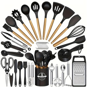 Juego de utensilios de cocina antiadherentes resistentes a altas temperaturas de 44 piezas con mango de madera negro, espátula de silicona, cuchara y utensilios para alimentos - Product Image 1