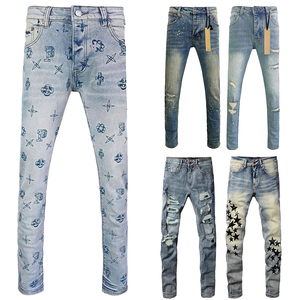 Nouveau design – Jean slim décontracté pour homme, denim bleu clair, imprimé lettres, délavé vintage, coupe droite - Product Image 1