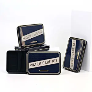 Custom Logo Embossed Watch Care Kit Rectangular Tin Case With Insert Small Gifts Cards Packaging Tin Box