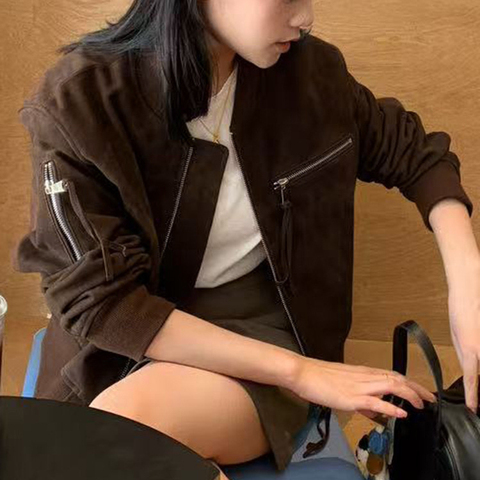 5219 Fall Fashion Women Sheepskin Suede Zipper Casual Motorcycle Baseball Style Short Crop Leather Jacket