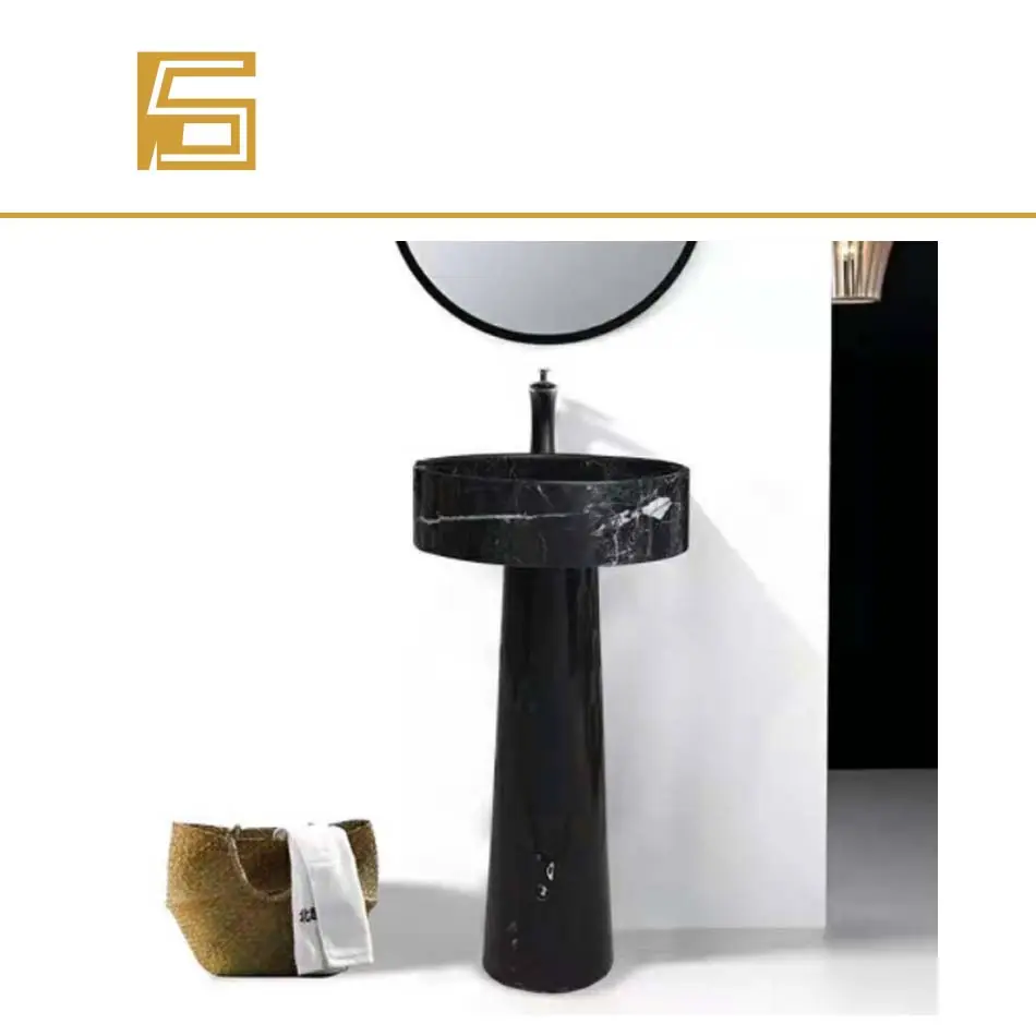 Customizable marble black pedestal wash basin integrated simple modern standing marble washbasin
