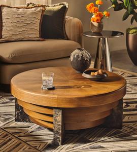 Custom <b>Round</b> Oak <b>Coffee</b> <b>Table</b>, Star‑Burst Wood Veneer Top <b>Marble</b> Leg Layered Design Center <b>Table</b> for Living Room Villa - Product Image 1