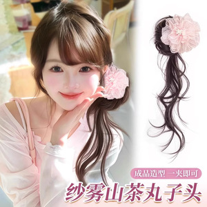 Camellia Flower Bun Wig With Hair <b>Clip</b> Natural Fluffy Simulated Hair For Women <b>Spring</b> Style - Product Image 4
