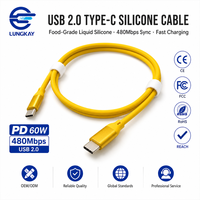 LUNGKAY Kabel Silikon USB 2.0 Tipe C Warna Kuning Lemon Cerah 60W 480Mbps untuk Catu Daya Peralatan, Transmisi Data