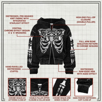 Sudadera con capucha extragrande para hombre, personalizada, con pedrería, de algodón de 420 g/m², estilo urbano oscuro, con gráfico DTG, efecto desgastado y doble cremallera